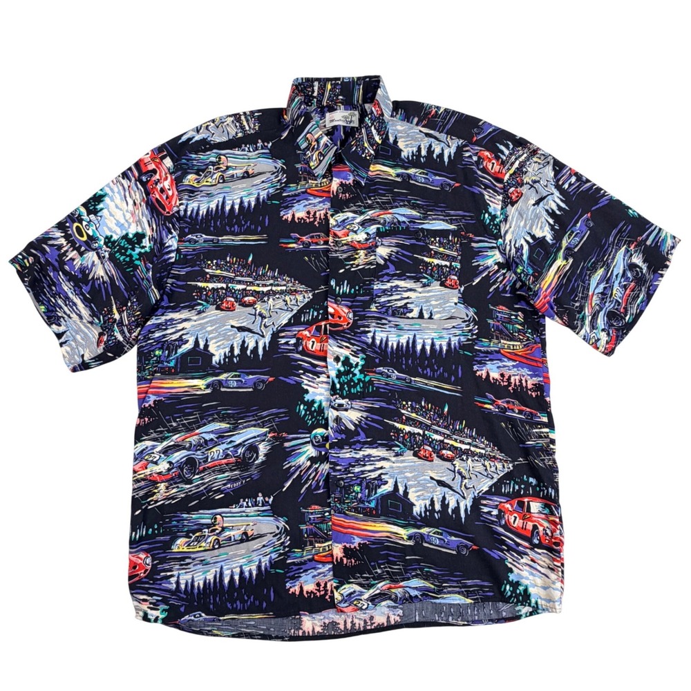 Vintage Hawaiian Shirt Monticerutti Men 2XL‎ Tall Black Grand Prix Race Car AOP - Picture 2 of 13